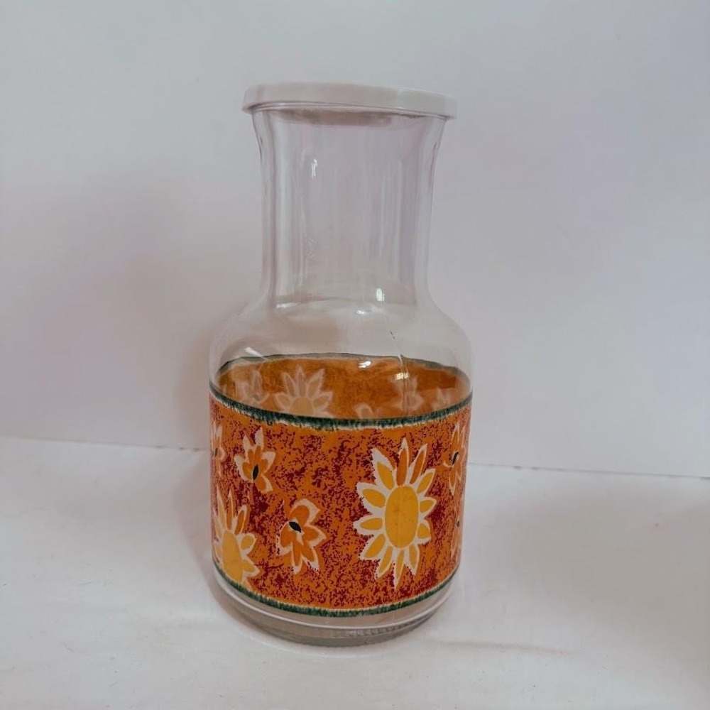 Vintage KIG Glass Carafe Sunflower Floral Orange Retro Juice Pitcher Mid Century - Picture 2 of 10